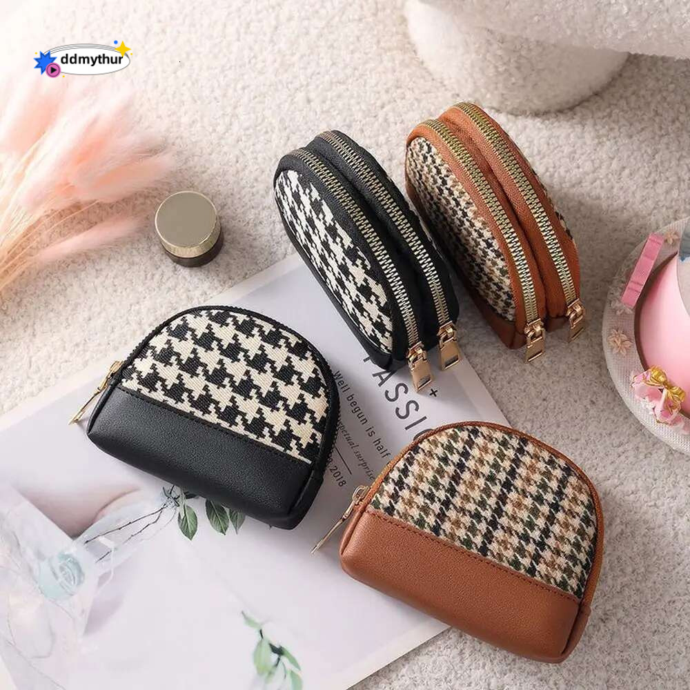 Women Coin Purse Houndstooth Fabric Embroidery Double Layers Zipper Bag Leather Card Holders Mini Key Wallet ddmythur