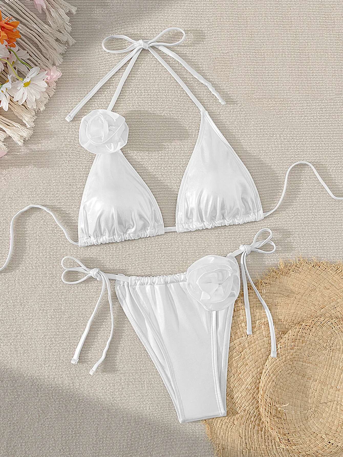 Dongdumaoyi Sexy D Flower Micro Bikini Women White Neon Green Push Up Tie Side Triangle Swimsuit Brazilian Beach Bathing Suit Swimwear