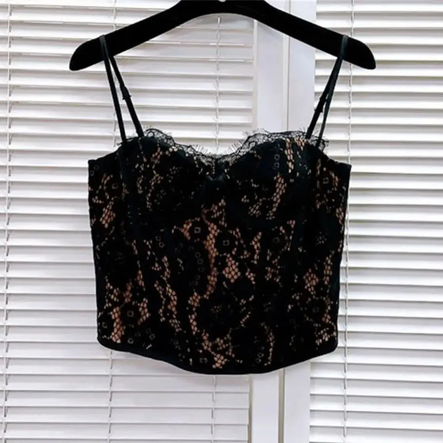 French retro ed lace sexy slim Camisol womens backless cut top full bra vest Y4637 250407