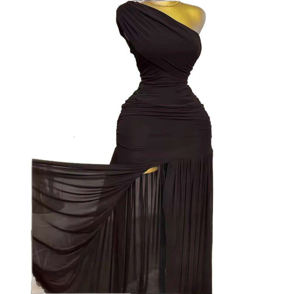 2025 Spring New Solid Color Sleeveless Asymmetrical Neck Ruched Slim Fit Split Long Dress for Women