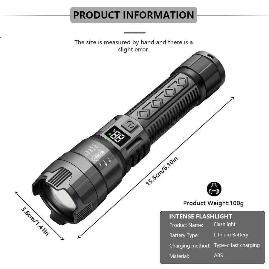 Portable Telescopic Zoom ABS Flashlight 3 Lighting Modes Rechargeable IPX4 Waterproof Torch With Power Display For OutdoorW251106