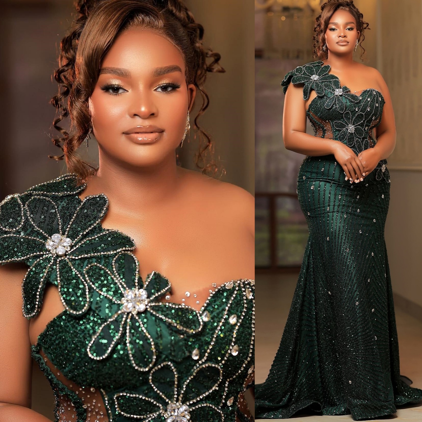 Mermaid Dark Green Prom Dresses 2026 Flowers Crystals One Shoulder Evening Formal Party Second Birthday Engagement Gowns Plus Size Dress For Special O