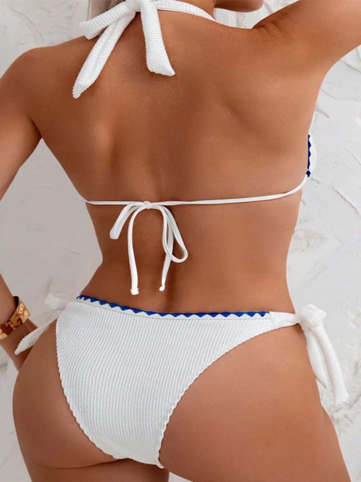 Dongdumaoyi White Two Piece Swimsuit For Women Low Waist Lace Up Halter Backless Bikini Set Sexy V Neck Triangle Beach Vacation Bathing Suit
