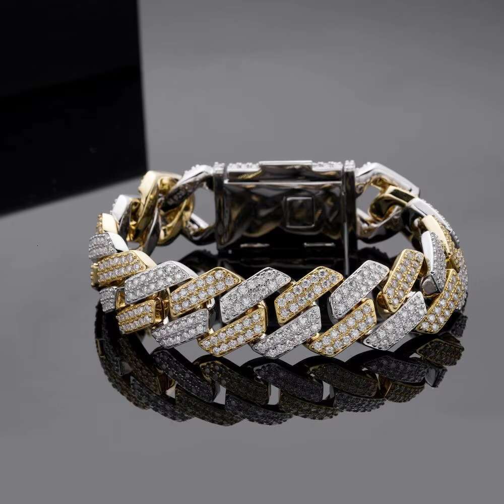 Iced Out Hip Hop Miami 925 Sterling Silver Jewelry Two Tone 20MM Moissanite Cuban Chain Bracelet