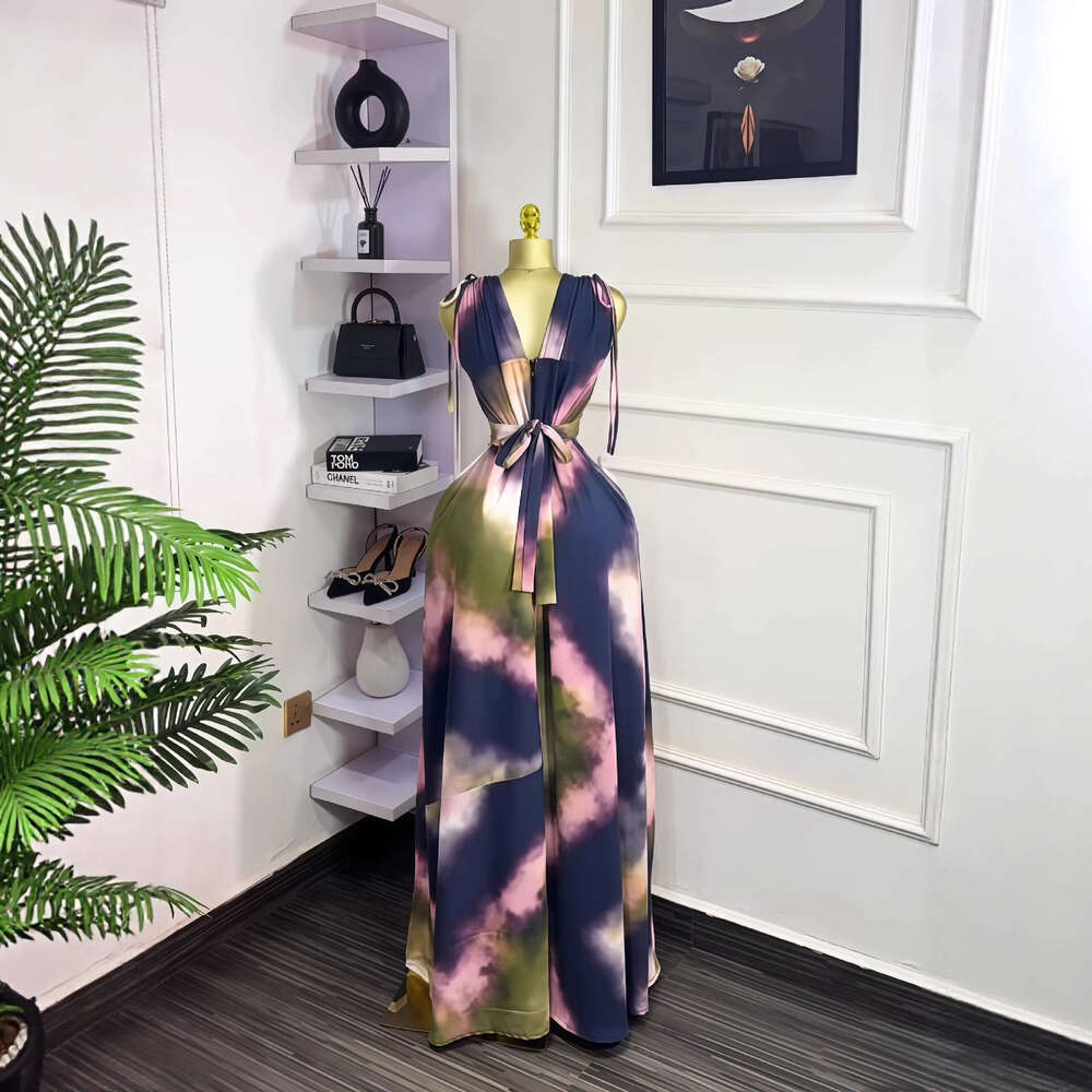 2025 Autumn New Sleeveless V-Neck Drawstring Waist-Cinching Long Elegant Dress for Women