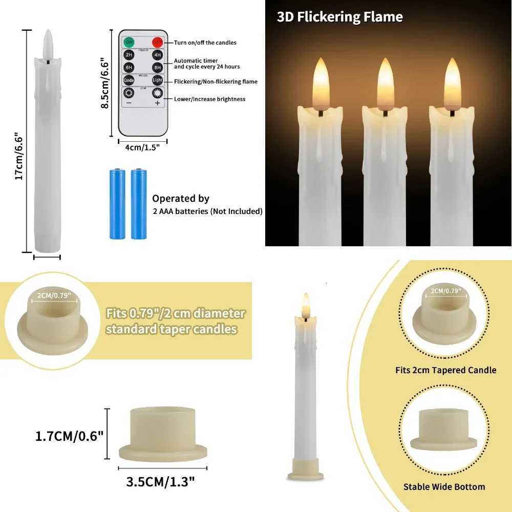 6/18/24Pc 66inch LED Flameless Taper Candles with Remote Flickering CandleSticks Plastic Window Candles for Halloween Christmas W251107