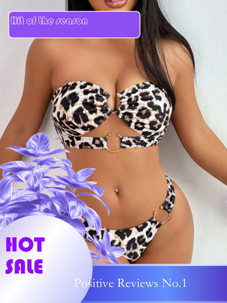 Dongdumaoyi Sexy Bandeau Bikini Set Women Metal Ring Brown Leopard Print Push Up Thong Swimsuit Summer Bathing Suit Holiday Swimwear
