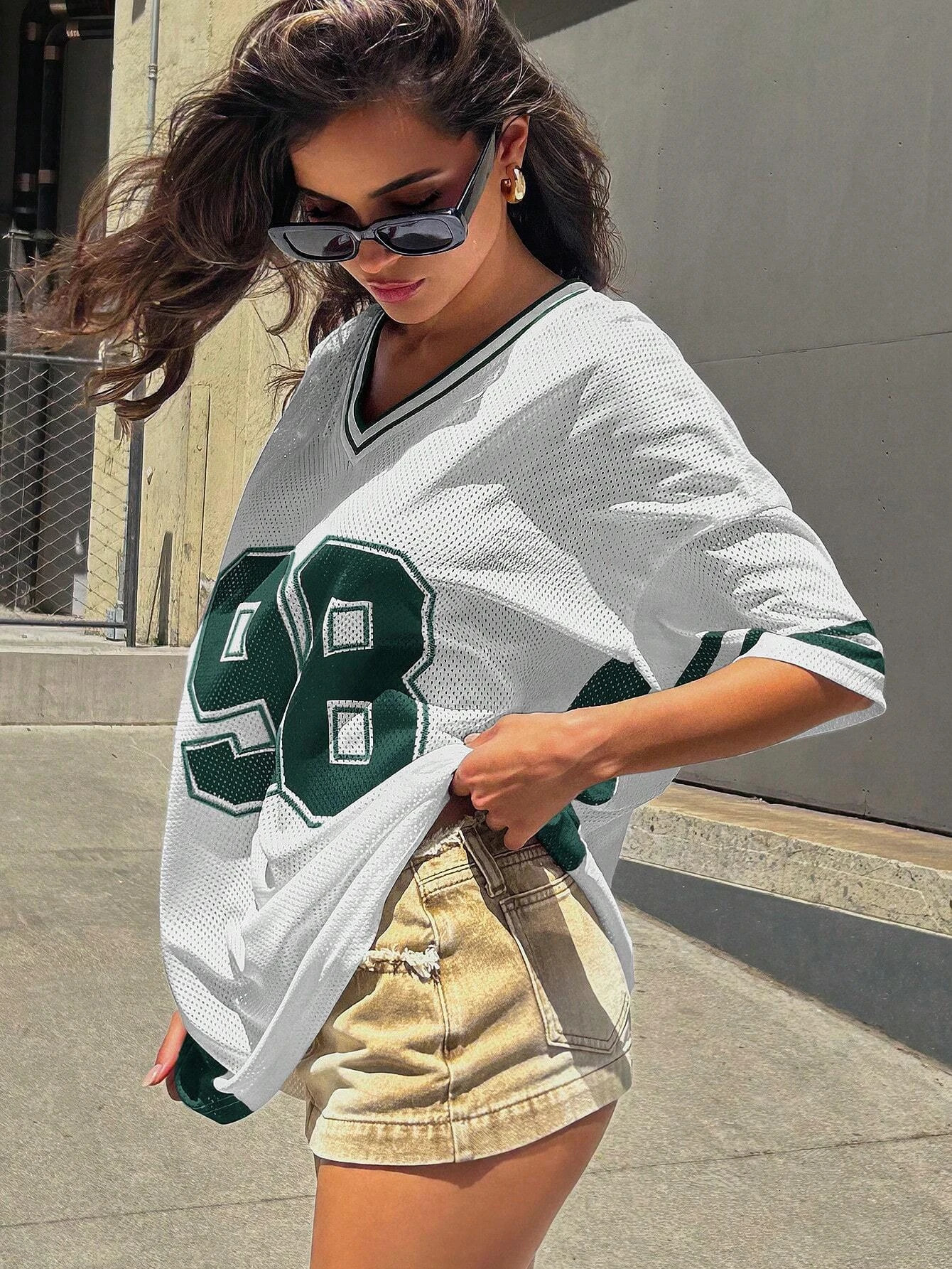 Denimoi womens letter pattern size 98 Vneck loose casual fashion comfortable breathable sports Tshirt short sleeved top 250407