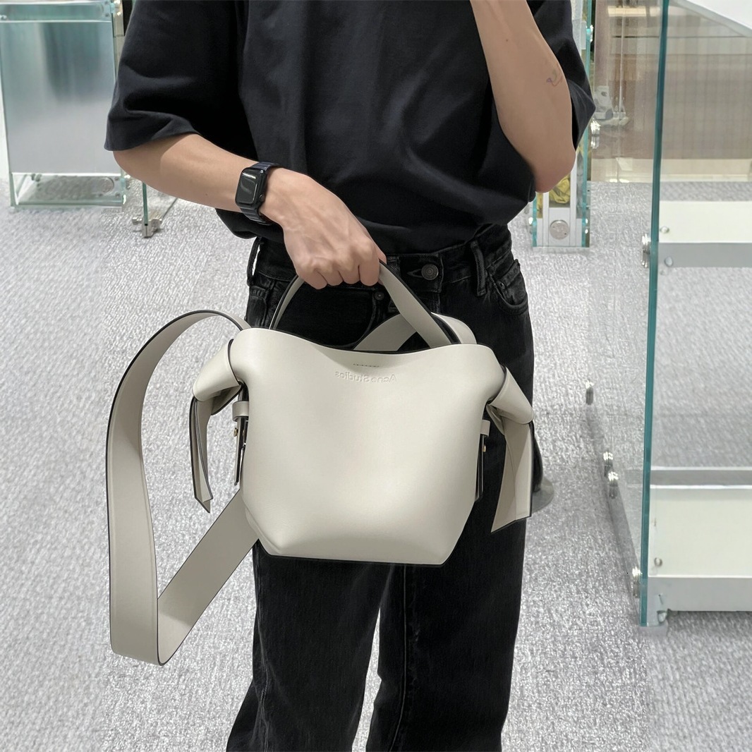 Swedish Niche AS Women's Cowhide Simple Bow Handbag Bucket Single Shoulder Crossbody Bag
