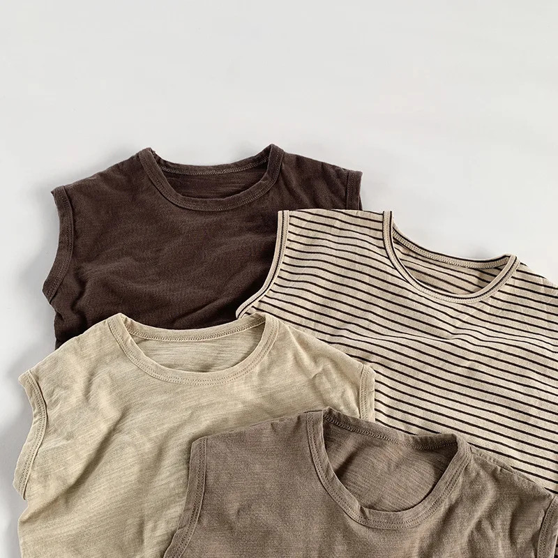 Summer Children Slub Cotton T Shirts Korean Fashion Toddler Kids Sleeveless Striped T-Shirts Baby Boys Casual Tank Tops 4 5 6 7Y 250407
