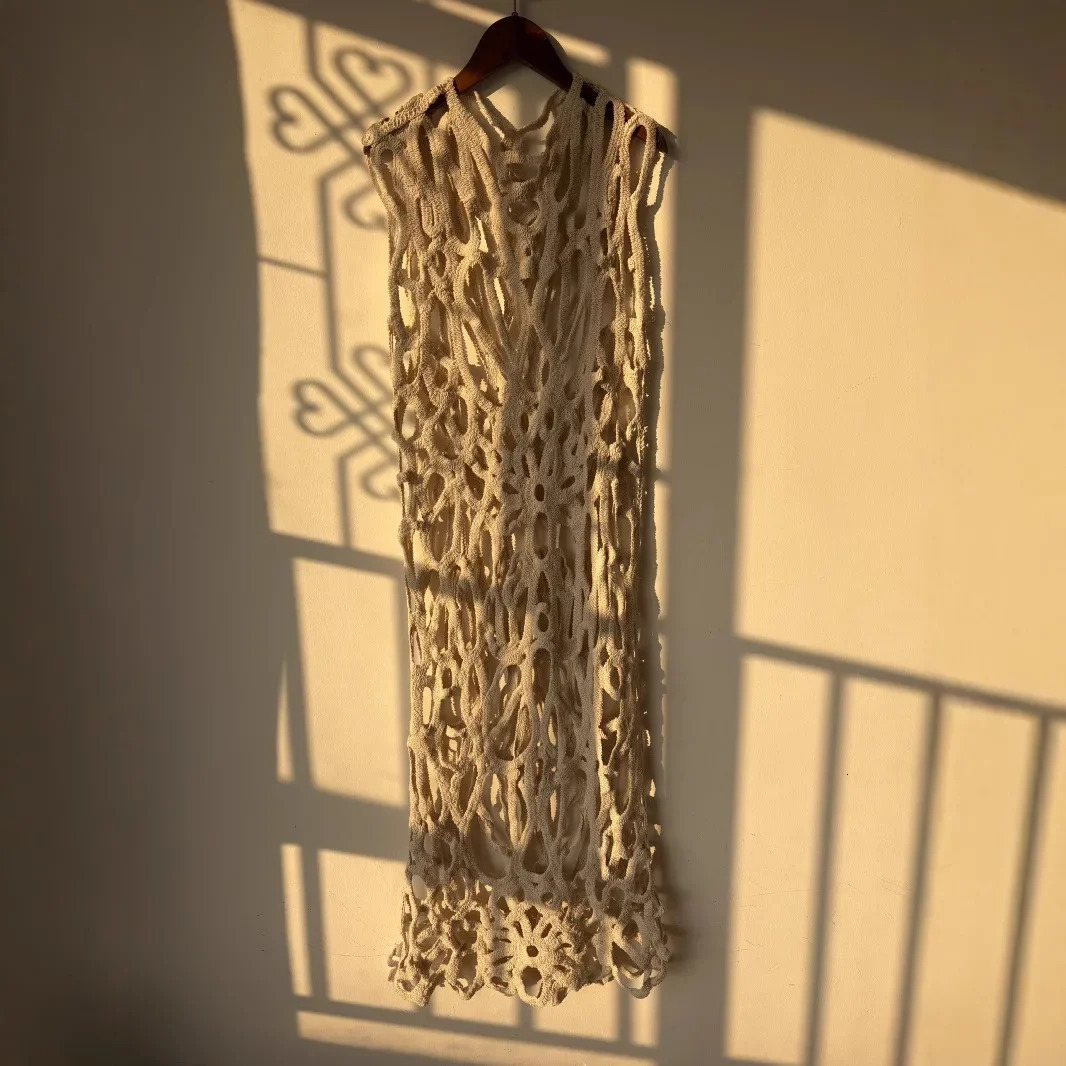 Sexy diamond hole knitted cotton thread crochet Midi dress sleeveless hook knitted 90-135 pounds Z Home 250402