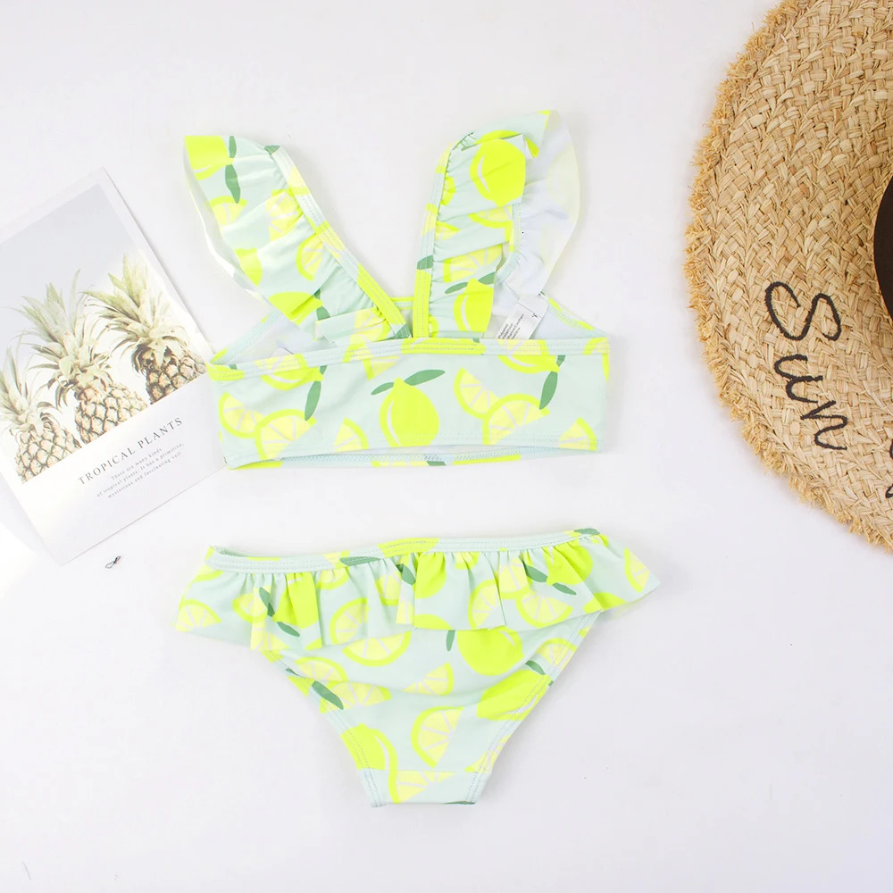 Ruffle Lemon Print Baby Kids Swimwear Swimsuit Summer Beach Cute Girls Kids Bikini Set 3-8Years Outdoor Children Swimming Suit 250407