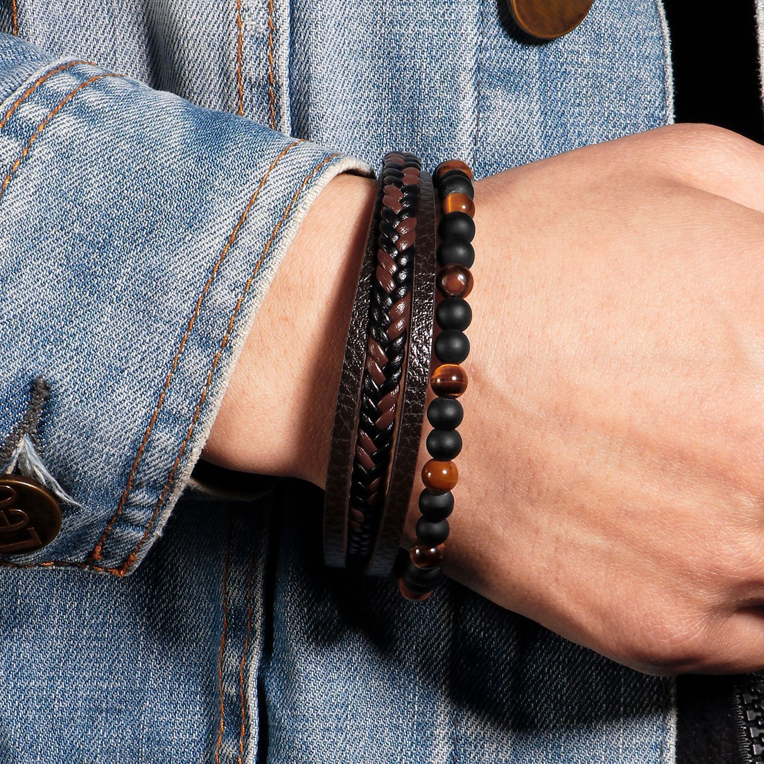 Top Source New Alloy Buckle Leather Tiger Eye Stone Weaving Men's Beaded Bracelet