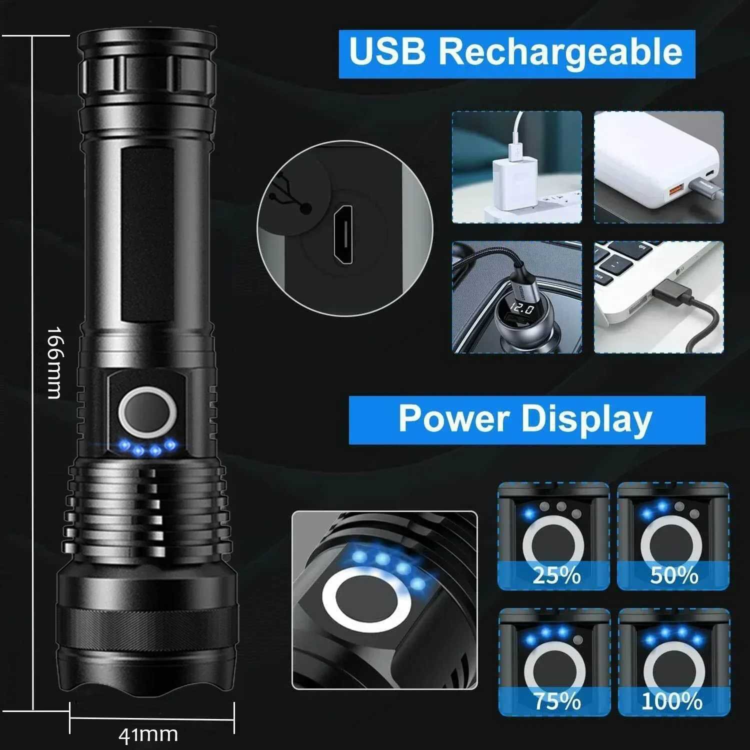 P50 Aluminum Alloy Glare Flashlight 26650/18650 USB Charging Long-Range Outdoor Waterproof Telescopic Zoom Night Fishing LightW251106