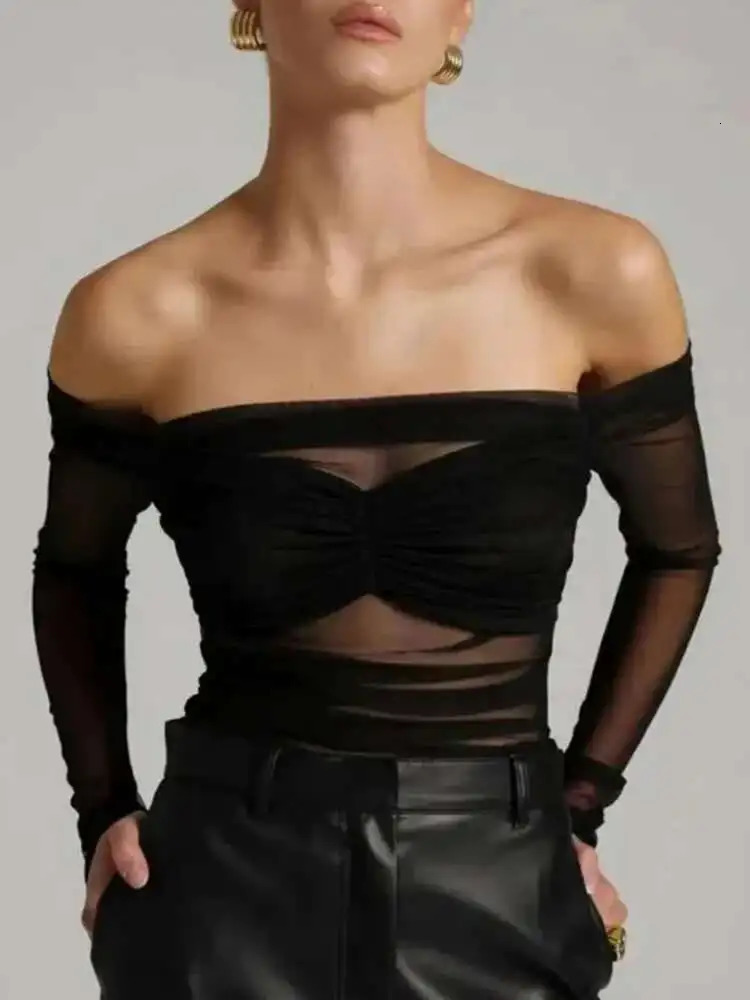 Fantoye sexy see through mesh womens Tshirt white long sleeved shoulder pleated summer ultrathin casual outdoor street clothing 250407