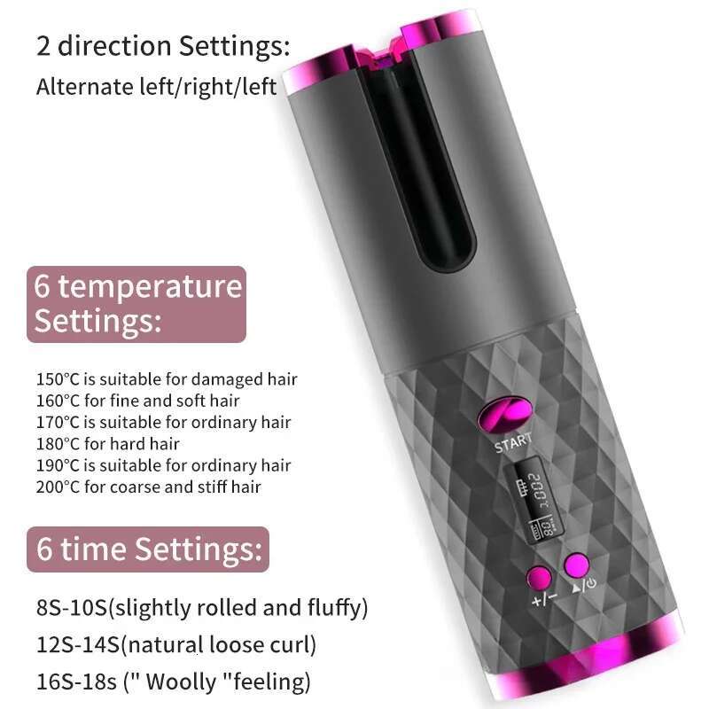 Automatic Wireless Cordless Rotating USB Rechargeable Curg Iron Display Temperature Adjustable Timing Hair Curler