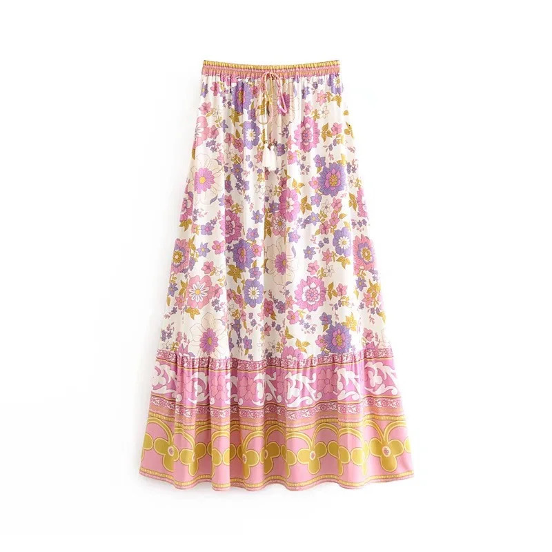 Bohemian Ruffle Elastic Collar Flower Printed Pullover Shirt Womens High Waist Long Skirt Pink Holiday 2piece Set 250313