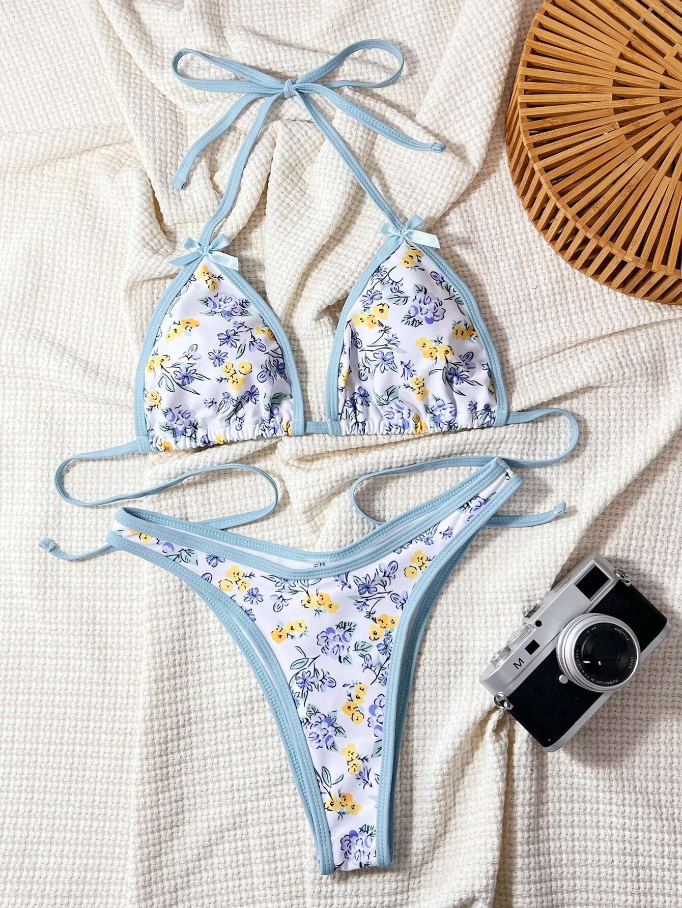 Dongdumaoyi Sexy Blue Floral Print Bikini Set Women Halter Tie Bow Strap Push Up Micro Mini Swimwear Summer Bathing Suit Thong Swimsuit
