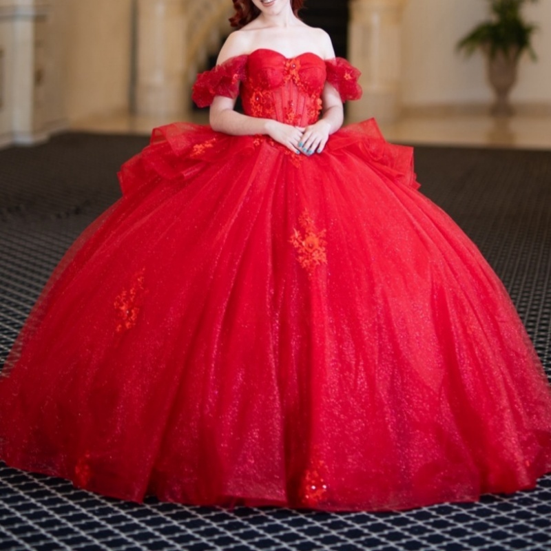 Red Shiny Princess Quinceanera Dresses Off Shoulder Appliqued Beads Tull Corset Sweet 16 Dress Ball Gown Vestidos De XV 15 Anos