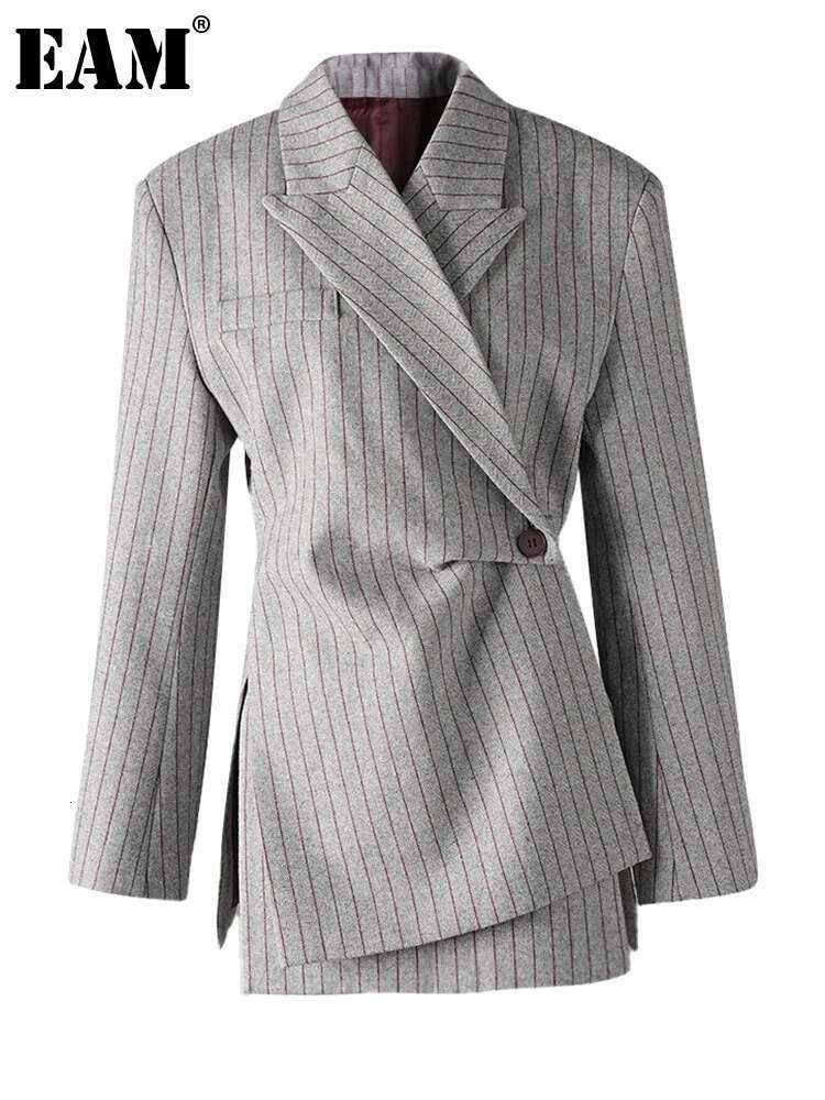 EAM Women Gray Striped Irregular Pleated Elegant Blazer New Lapel Long Sleeve Jacket Fashion Tide Spring Autumn 2025 Cpdb342