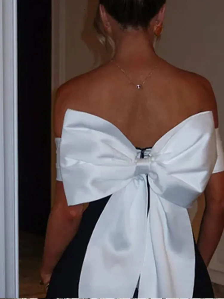 Unique shoulder mini dress high waist one line bow party dress contrasting elegant short skirt womens evening dress 250402