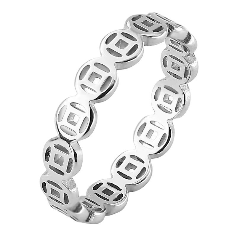 New Chinese style copper coins attract wealth, transport money, women's niche design, titanium steel non fading rings, personalized and versatile