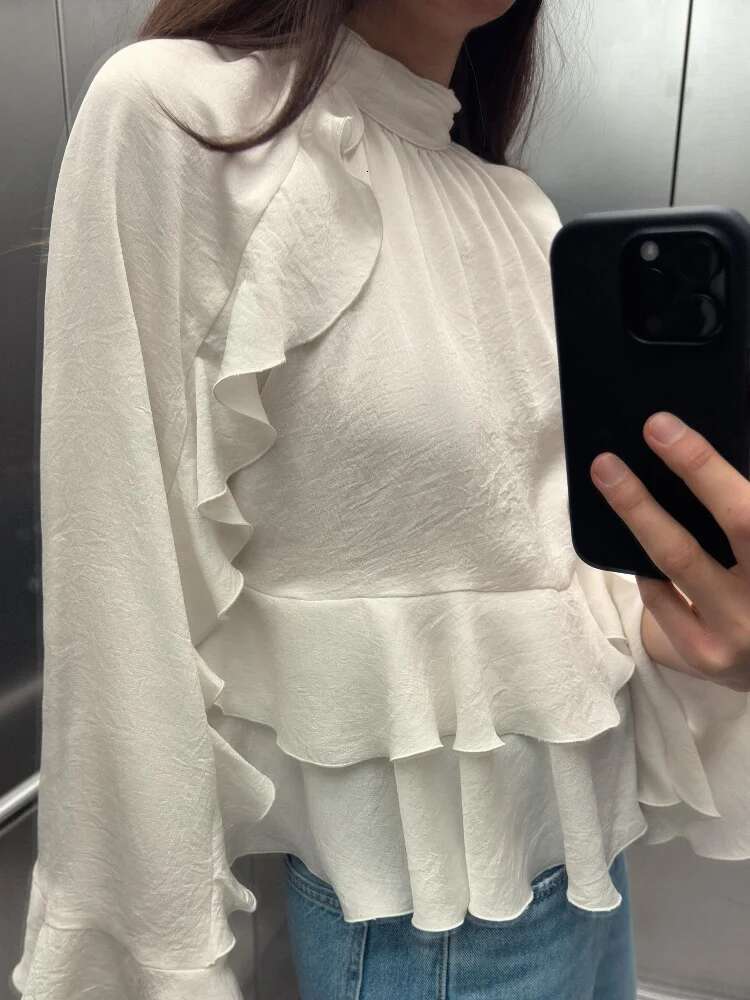 Elegant White Double Layered Ruffles Hem Women's Blouse Spring Round Neck Flare Full Sleeve Shirts New Summer Office Streetwear