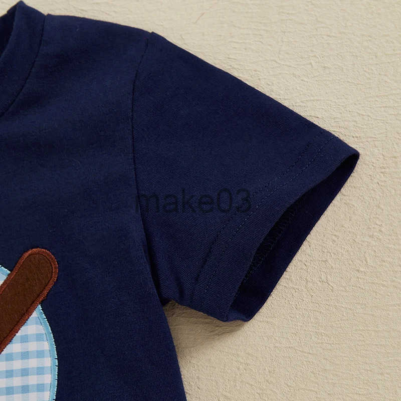 Boys 2-piece set with embroidered baseball T-shirt and checkered shorts elastic waistband short sleeved top J250403