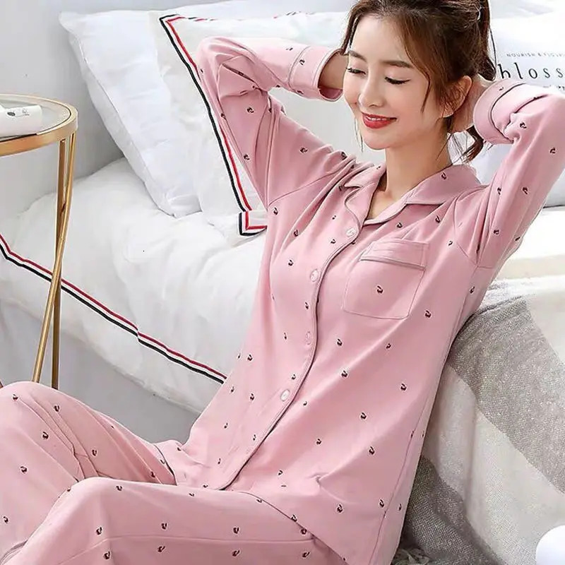 womens cotton pajamas set spring and summer long sleeved cardigan 250313