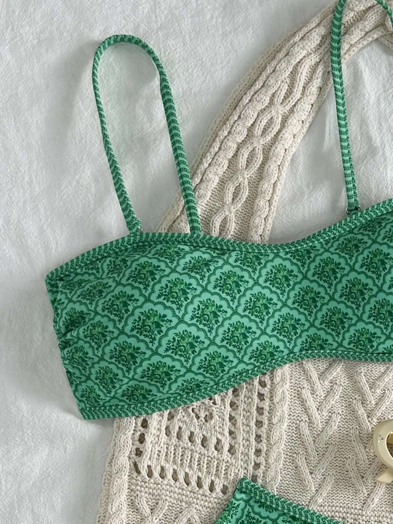 Dongdumaoyi Sexy Bandeau Bikini Women Green Floral Pleate Push Up Padded Thong Swimsuit Summer Bathing Suit Two Piece Swimwear Biquini