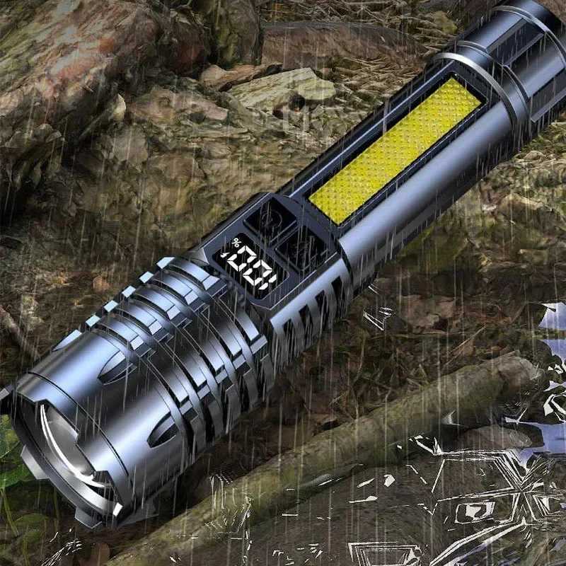 Heinast High Power LED Flashlight Powerful TYPE-C Rechargeable COB Flashlight With Side Light Torch For Outdoor Camping HikingW251106