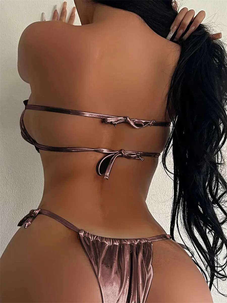 Dongdumaoyi Sexy Bandeau Bikini Women Silver Brozing Pleate Cut Out Push Up Micro Swimsuit Summer Bathing Suit Tie Side Thong Swimwear