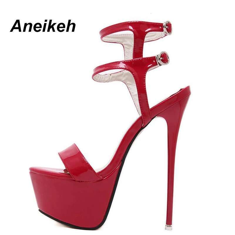 Aneikeh New Summer Fashion Sandals Sexy Open Toe 16Cm High Heels Party Dress Wedding Nightclub Women Shoes Black Red White