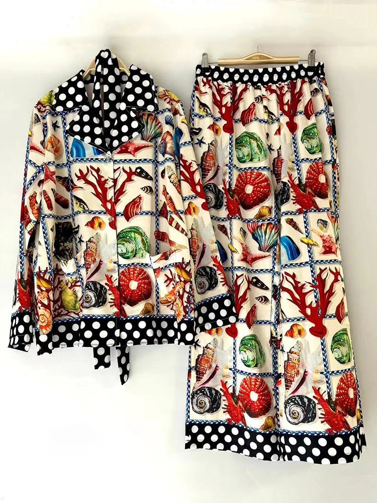 Retro geometric print loose pajama shirt twopiece set for spring womens clothingelastic waist wide leg pants fashion 250407