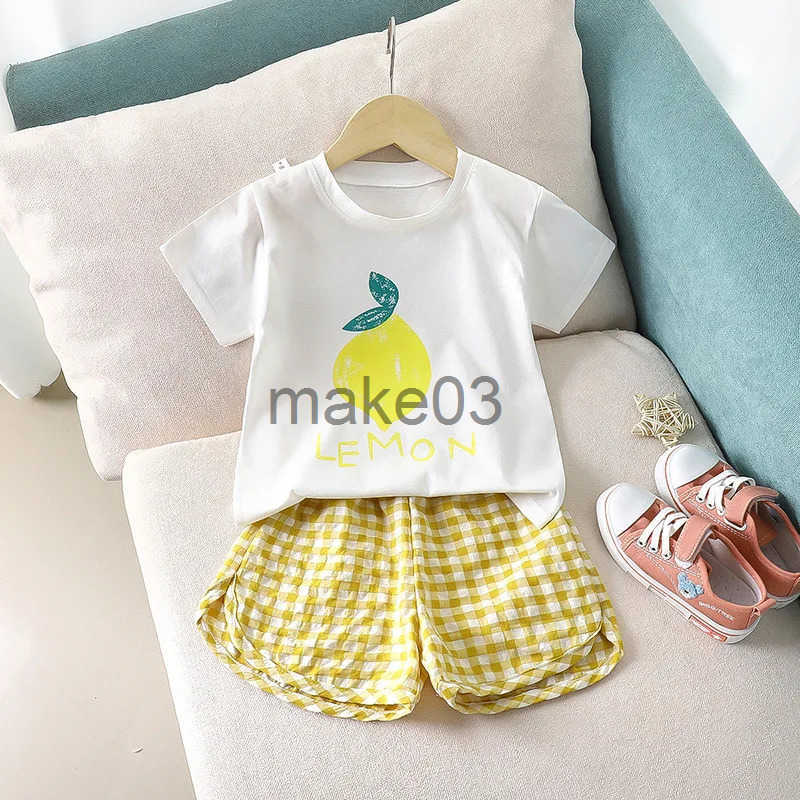 Fruit T-shirt plain shorts girls 2 pieces/set summer cotton childrens short sleeved set fashionable baby clothing 1-6Y J250403