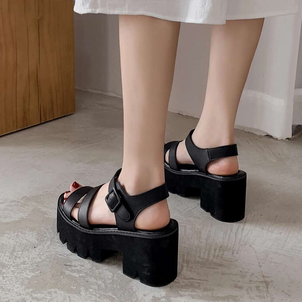 Gdgydh Women's Black Platform Sandals Comfy Open Toe Chunky Heel Buckle Strap Fashion Casual Solid Color School Shoes