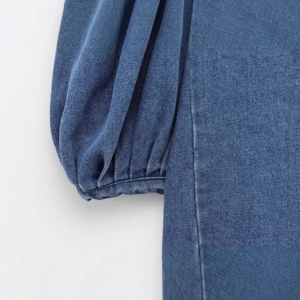 ZBZA Womens Denim Cut Shirt Retro Loose Collar Puff Sleeve Single Color SpringSummer Fashion Top 250407