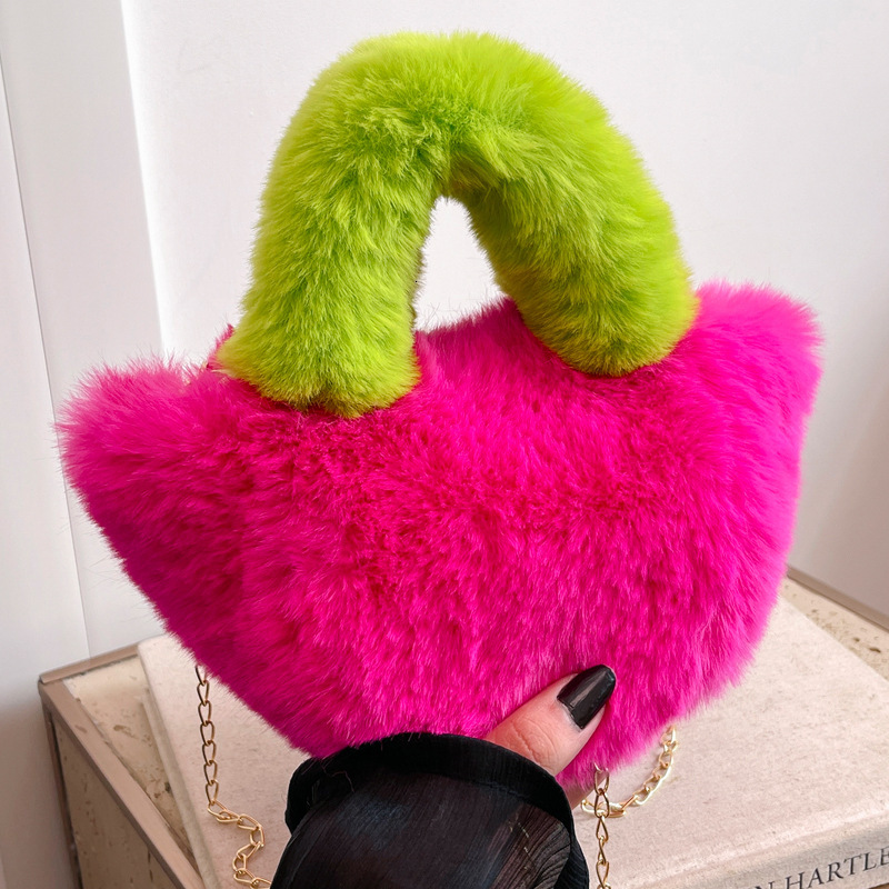 2025S Designer Women S Bag Hairy Handbag For Women In Autumn Winter Cute And Fashionable Chain Small Square Bag Contrasting Color Plush Single Shoulde