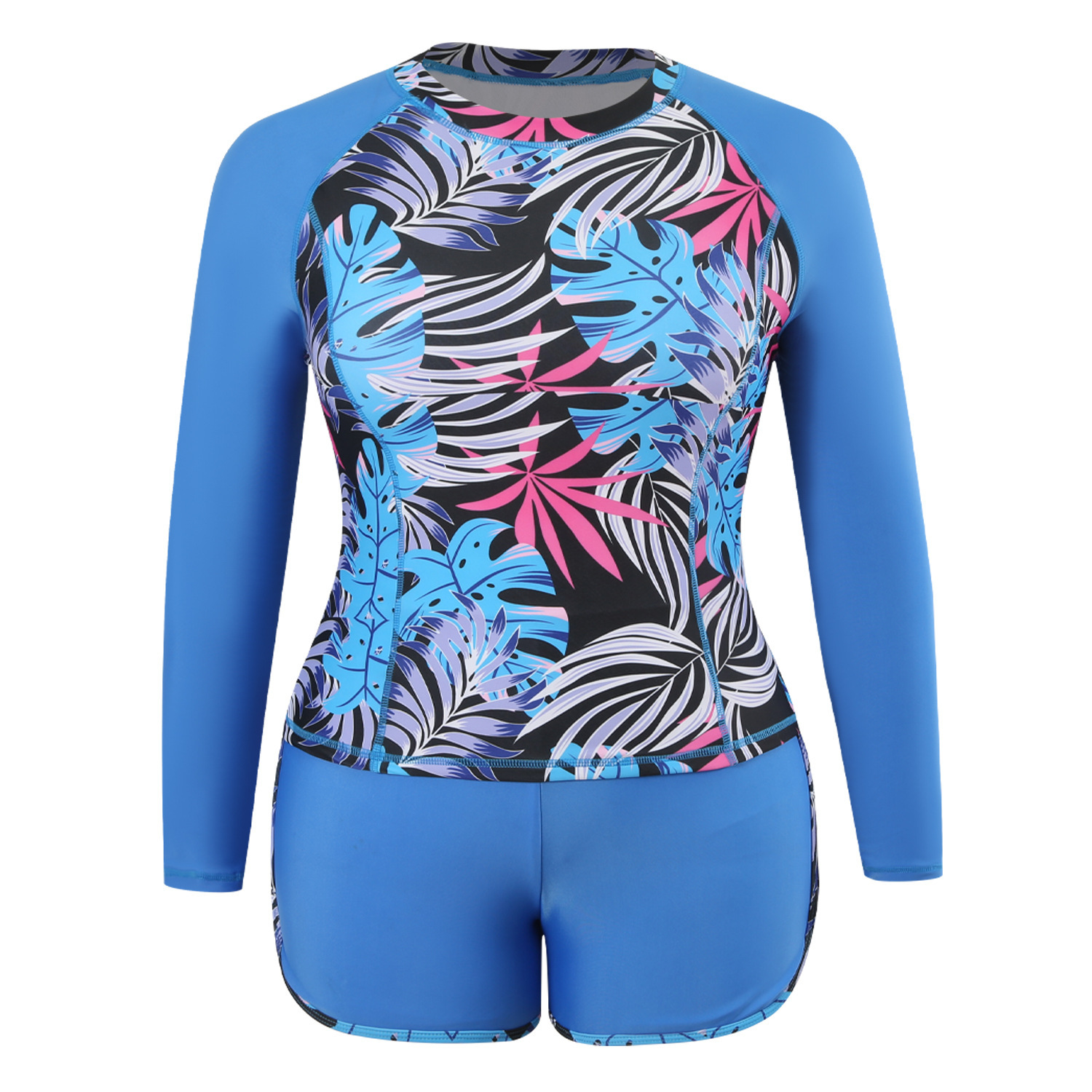 Large size long sleeved pullover split flat corner pants set, conservative women's swimsuit for fat women