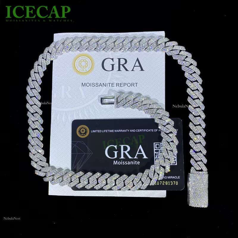 Icecap VVS Moissanite Dia Sterg Sier White Gold Plated Hip Hop Necklace 12mm Cuban k Chain for Men