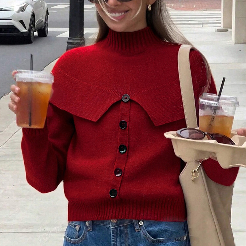Women's solid-color top, long-sleeved sweater with turned-up collar, fake buttons, casual and romantic style, women's outwear, women's 