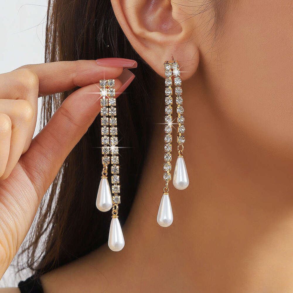 Heart of the Ocean Long Tassel Pearl Water Dia Fairy Style hot Versatile High End Earrings