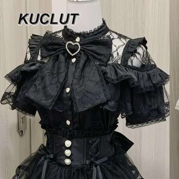 Japanese Mine Lolita Bow Shirt Subcultural Shirts Female Cute Black And White Lace Long-Sleeved Short-Sleeved Blouse Women