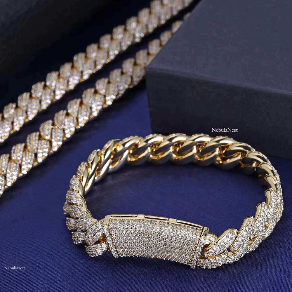 New Popular 8mm-18mm Hip-hop Sier Moissanite Rhombus Cuban Chain Men's Necklace Hiphop Sample Making