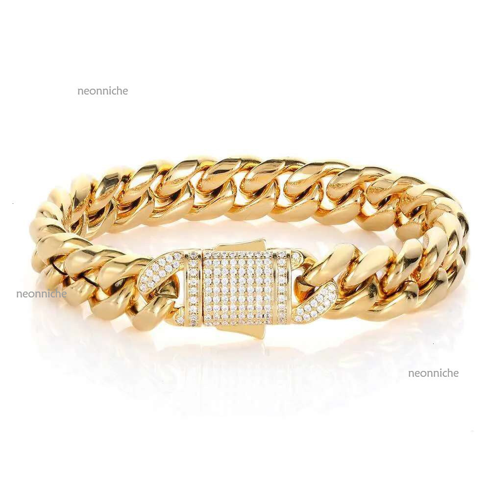 Designer Bangle Top Bg 14k gold Moissanite dia Spring Buckle Hip Hop Titanium Stainless Steel Cuban Chain Bracelet For Men Women Jewel Gift