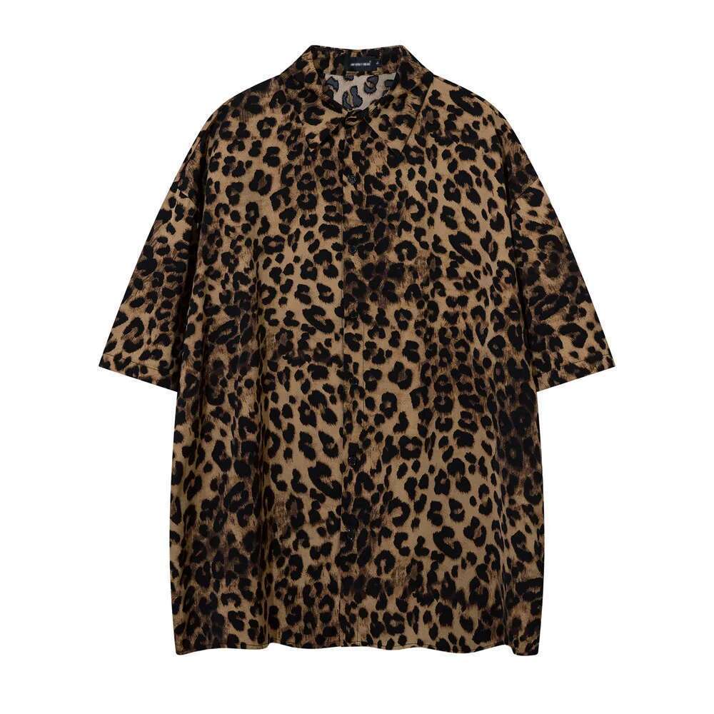 Leopard Print Short Sleeve Cotton Tee Mens Summer High Street Loose Lapel Single Breasted Half-Sleeve Tshirt Men