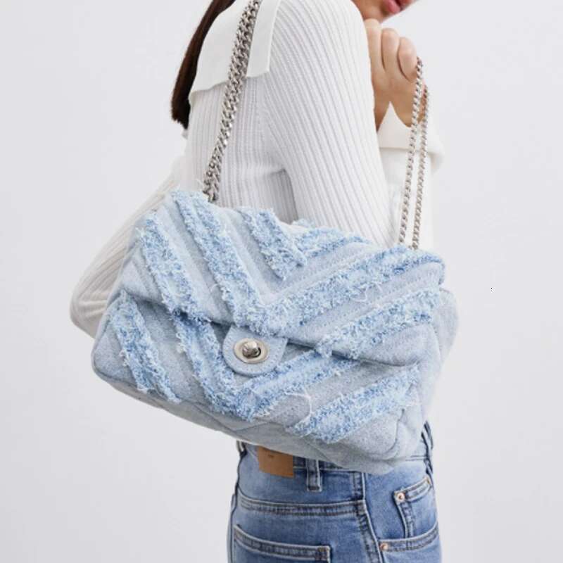 Fashion Women's Shoulder Denim Quilted Totes Bags Retro Blue Jeans Chain Female Flap Handbag