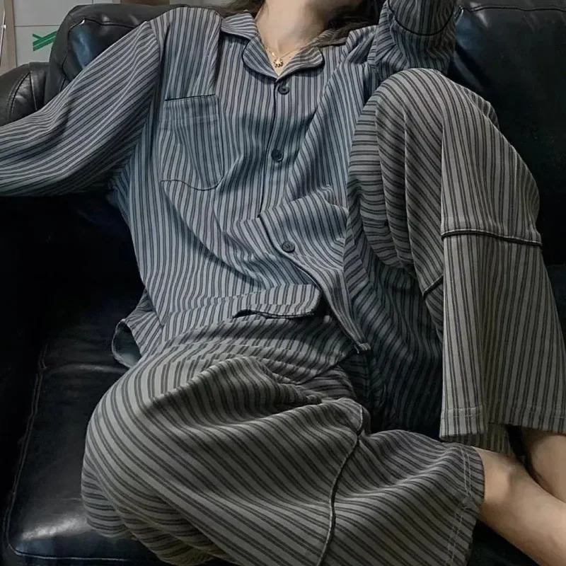 Striped Sleepwear Korean Review Pajamas Womens Spring Wear Long Sleeve Japanese Fashion Ins High Sense Simple Loose Home Suit 250313