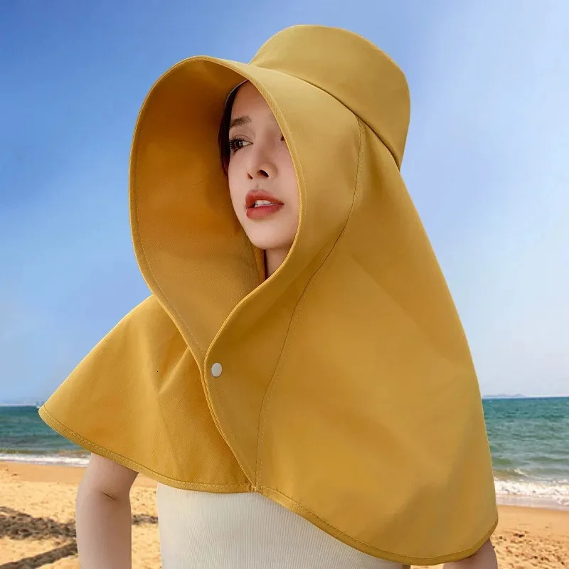 Summer Womens Hat Outdoor UV Neck Sunscreen Sunshade Fishing Hiking Big Brim Shawl tail Solid Color 250326