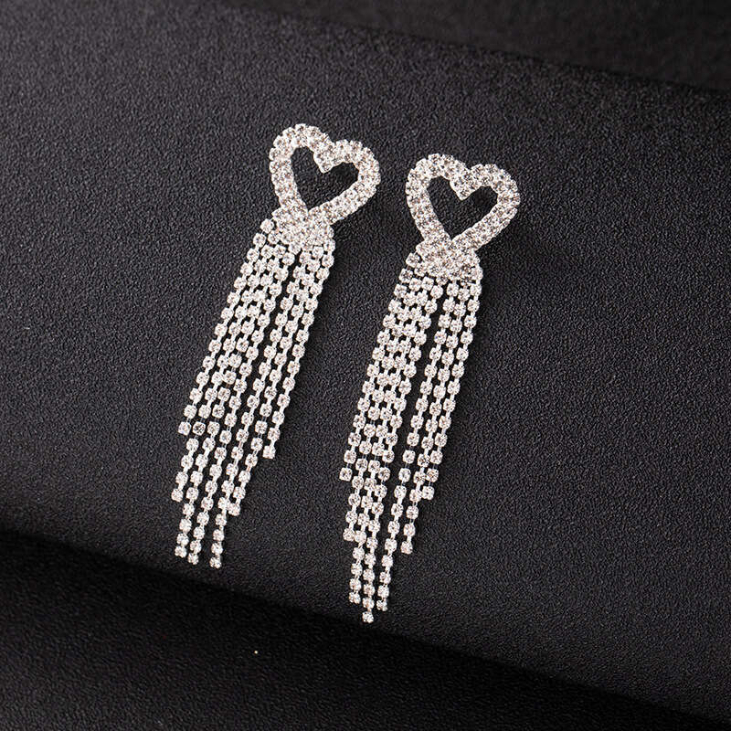 Double row peach heart hot claw chain, welded long short tassel style, sier and gold electroplated earrings recommended